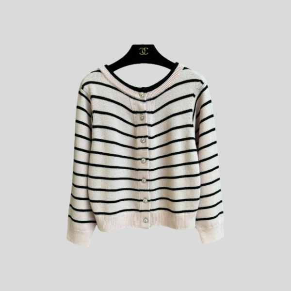 샤넬 스트라이프 캐시미어 가디건 핑크