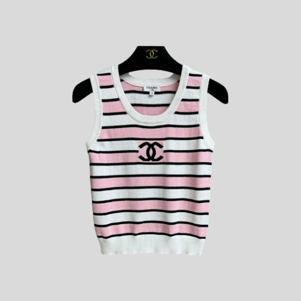 샤넬 스트라이프 슬리브리스 탑