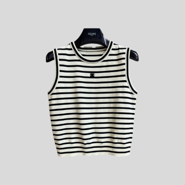 샤넬 스트라이프 슬리브리스 탑