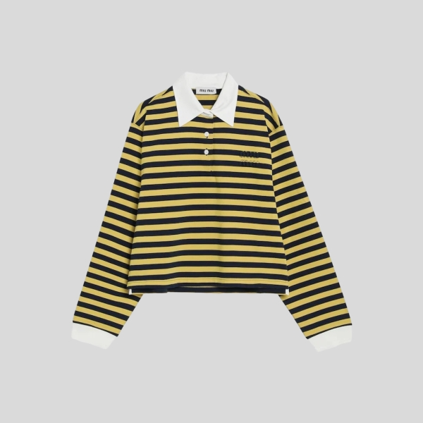 미우미우 블루 옐로 스트라이프 로고 폴로 티셔츠
