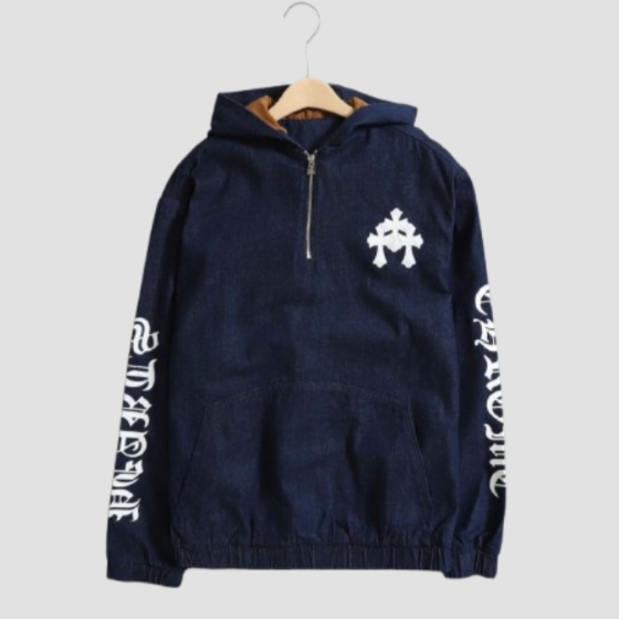 크롬하츠 트리플 크로스 패치 데님 하프 집 후디