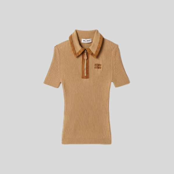 미우미우 리브드 니트 캐시미어 폴로 스웨터