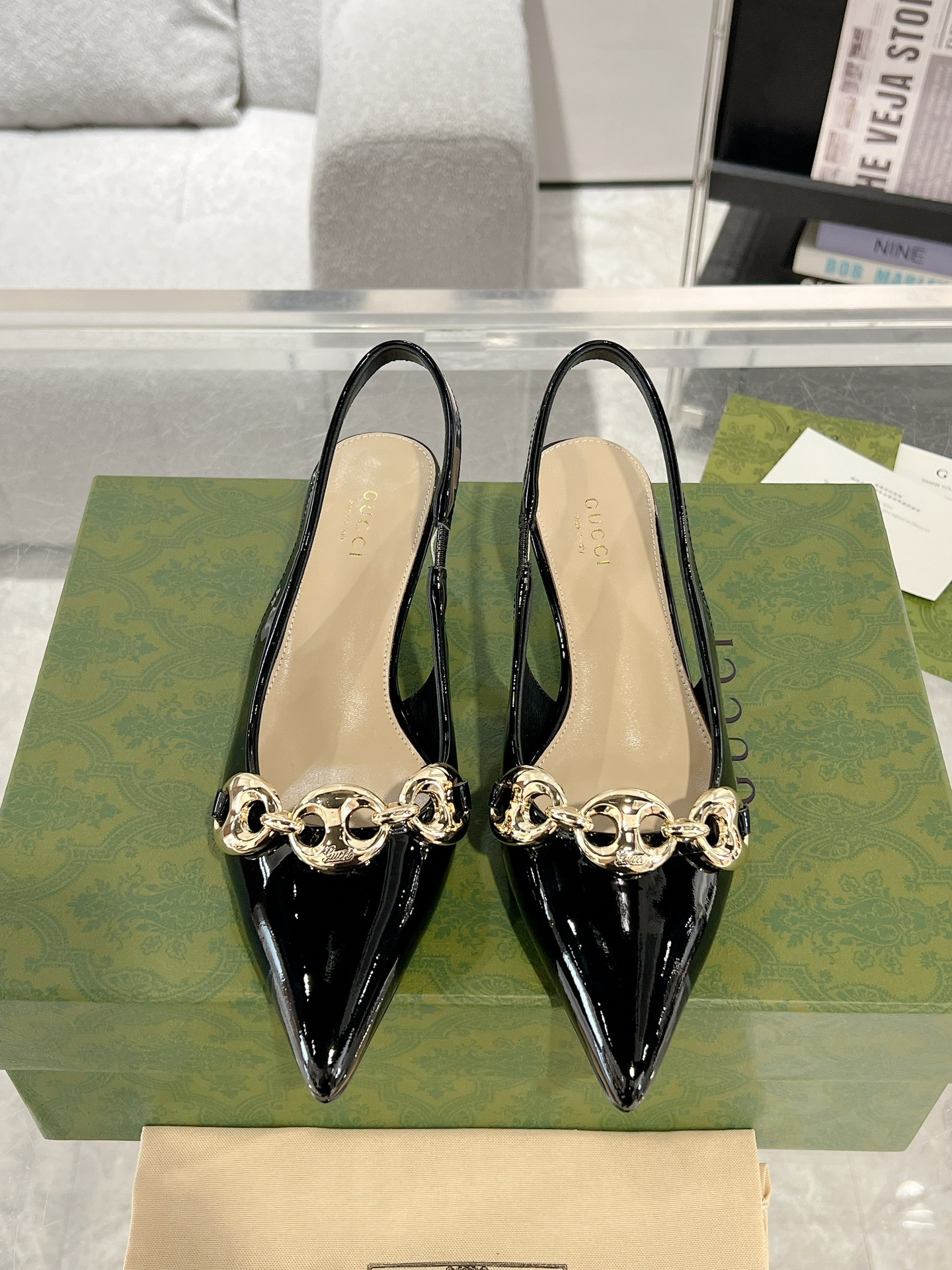 구찌 봄여름 최신 체인 스틸레토 힐