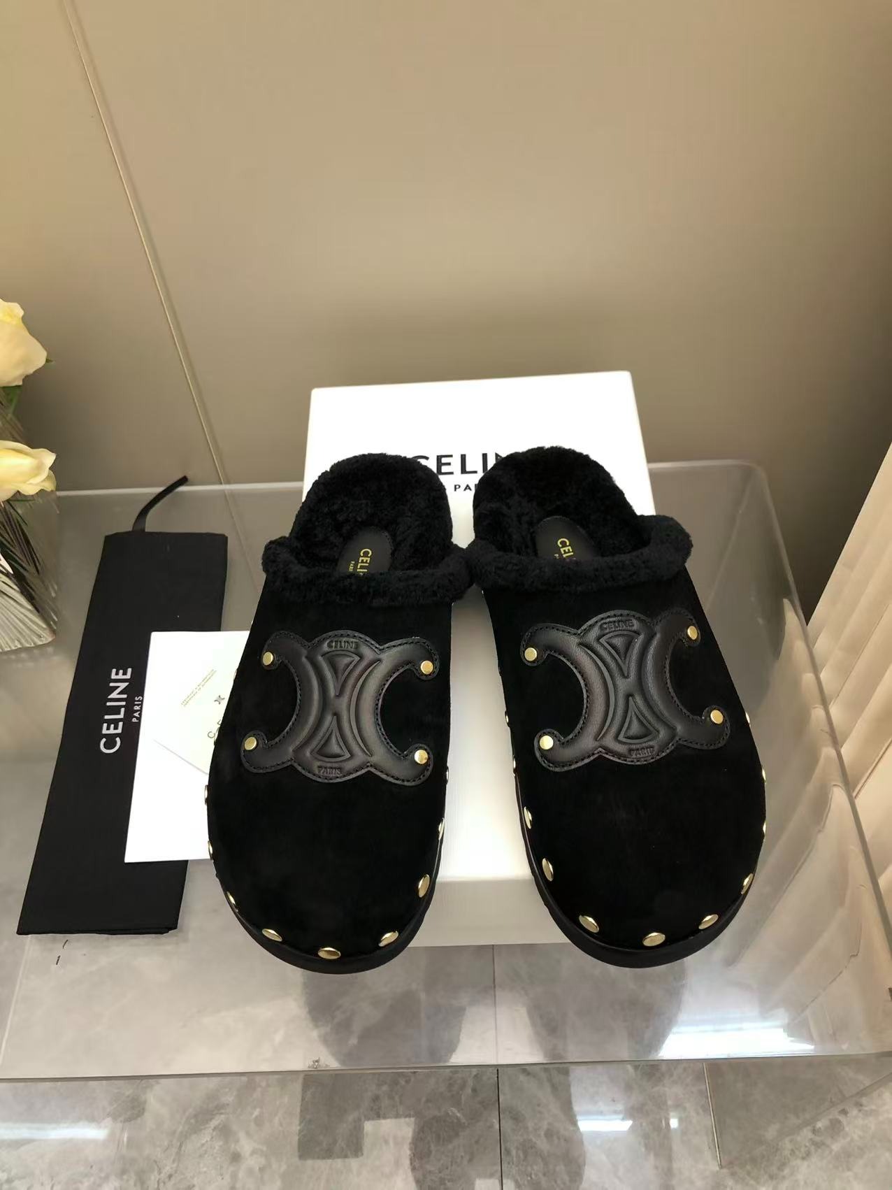 셀린느 양털 세미 슬리퍼
