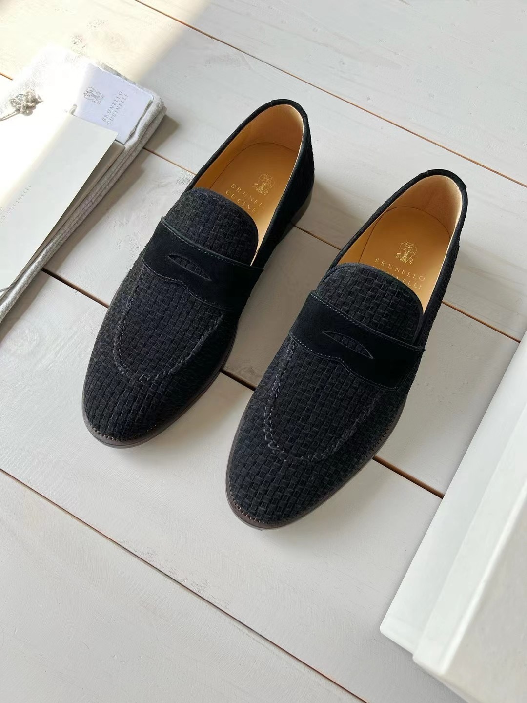 브루넬로쿠치넬리 남성 블루 스웨이드 우븐 페니 로퍼