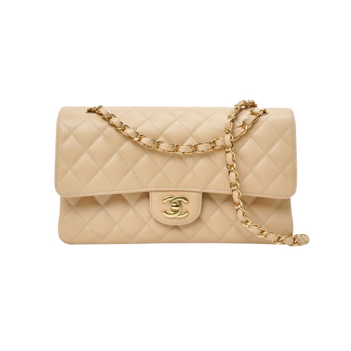 샤넬 클래식 미디움 그레인드 카프스킨 베이지 금장