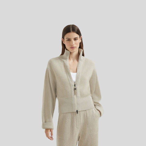 브루넬로 쿠치넬리 샤이니 지퍼 풀 디테일 스파클링 캐시미어 잉글리시 립 카디건