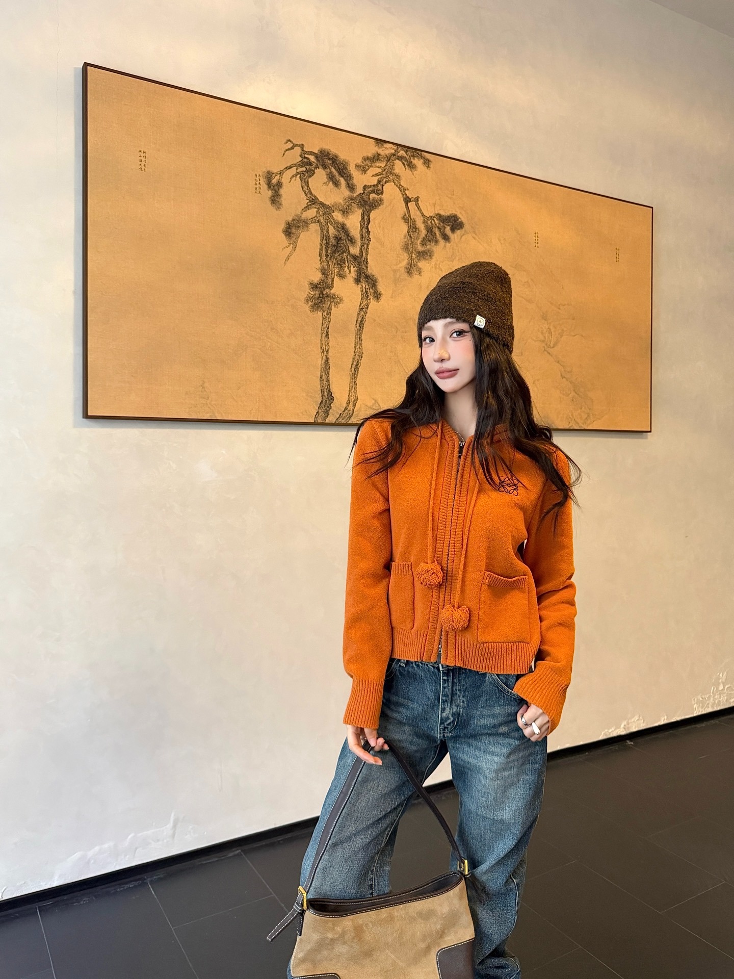 로에베 아나그램 자수 울 후드 집업 가디건