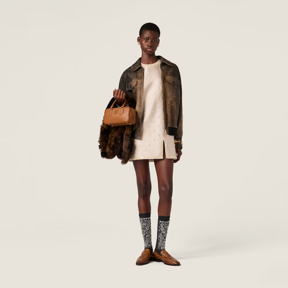 미우미우 엠브로이더드 실크 앤 울 미니 드레스