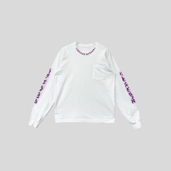크롬하츠 넥 스크립트 로고 롱슬리브 티셔츠 화이트 퍼플